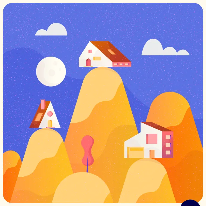 Illustration of houses on rolling hills under a navy sky